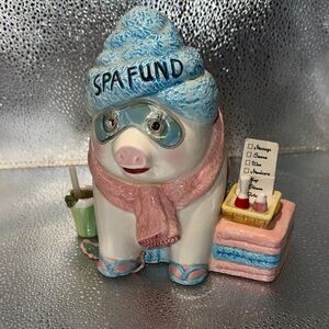 Mud Pie Spa Fund Piggy Bank with Blue Hat and Pink Scarf